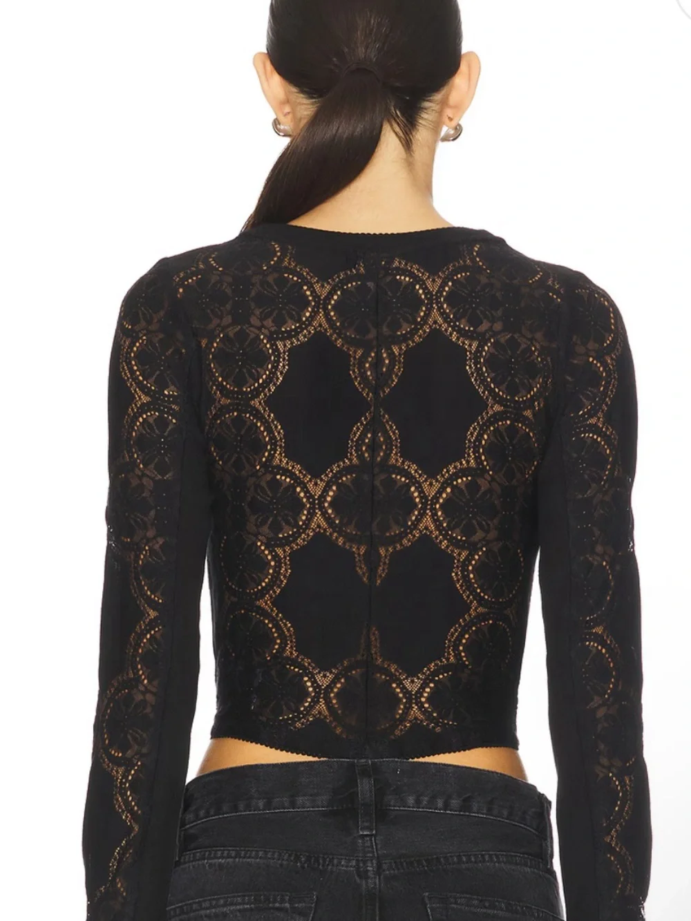 Free People NWT Jae Lace Top Medium Black Long Sleeves Button Front Knit